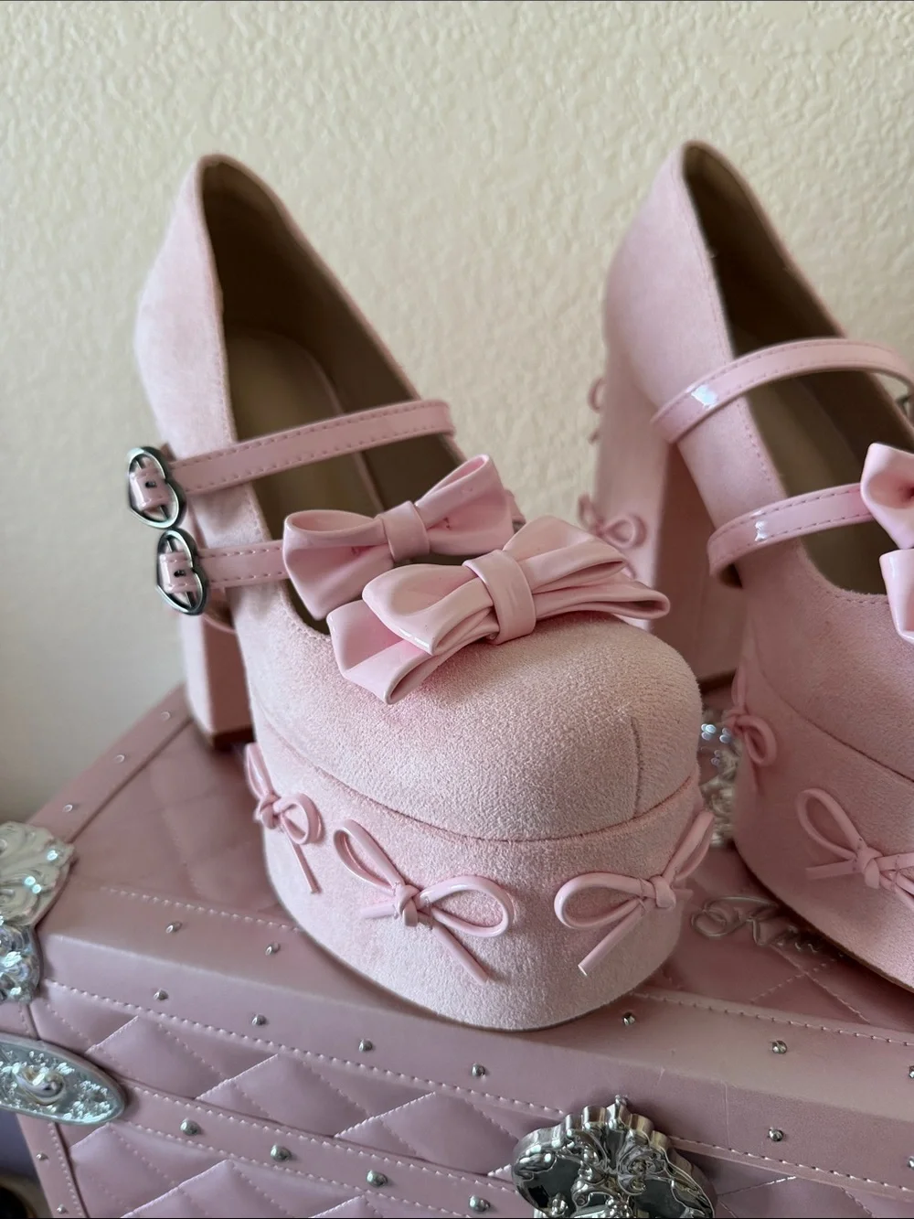 Pink Bow Platform Mary Jane Heels